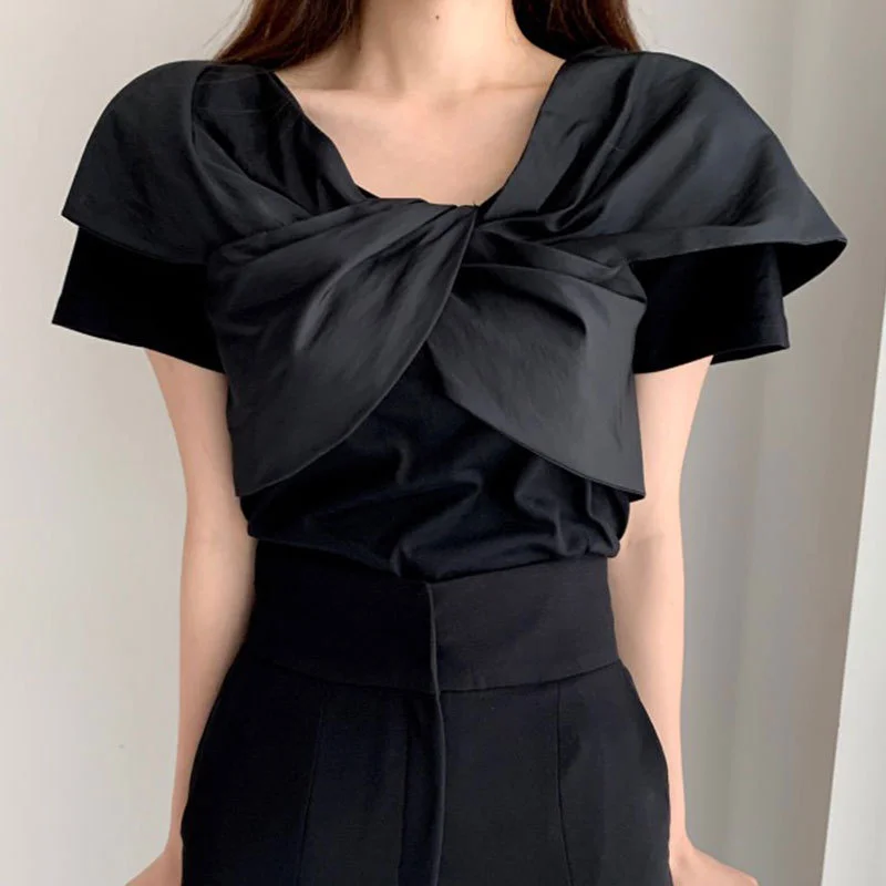 Churchf Churchf Chic Summer Simple Elegant V Neck Kink Design Sense Pure Color Slim Thin Fly Sleeve T-Shirt Jacket Women