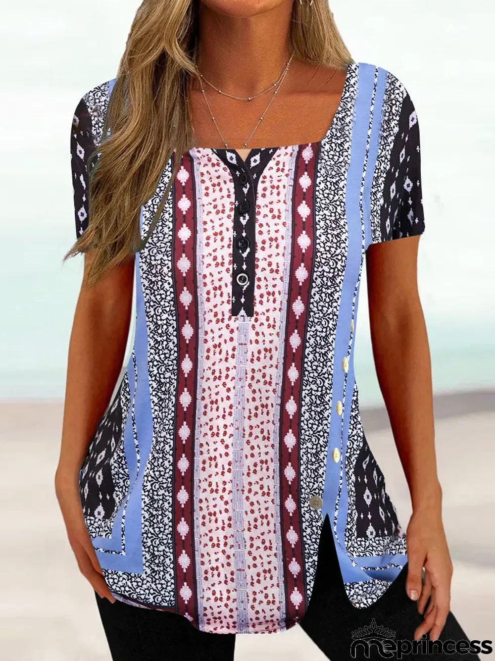 Women Short Sleeve U-neck Graphic Printed Buttons Tops