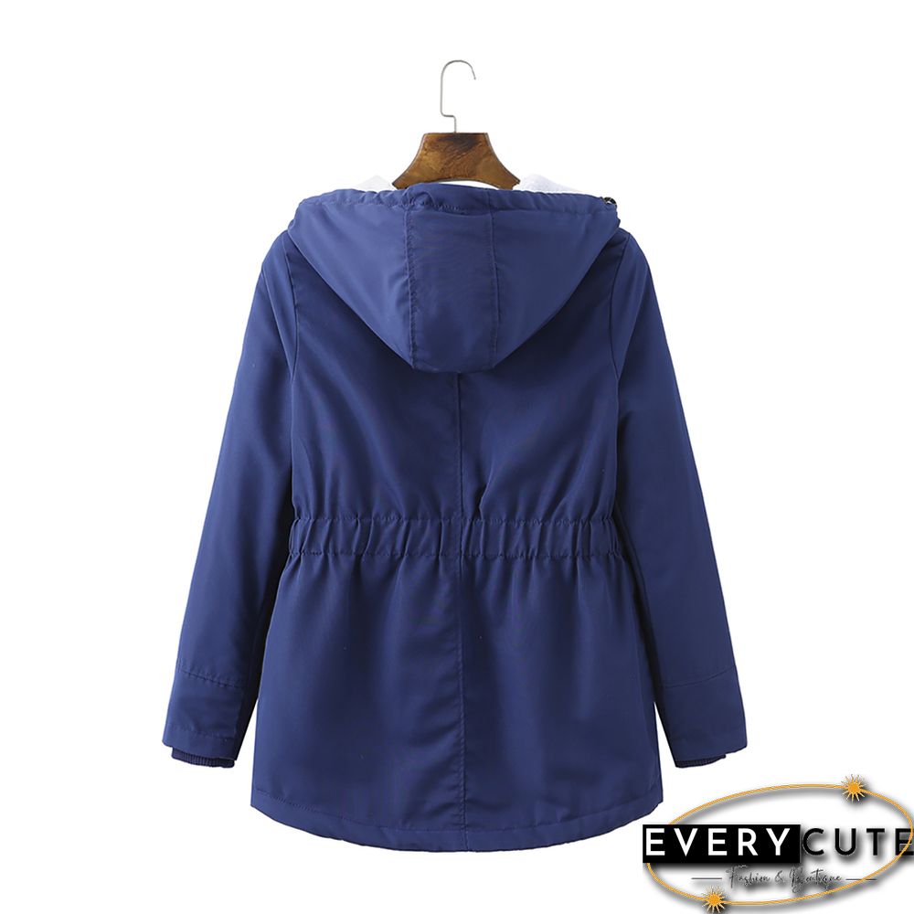 Navy Blue Plush Warm Hooded Parka Coat