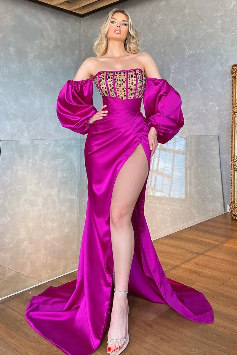 Bellasprom Hot Pink Long Sleeves Mermaid Prom Dress Off-the-Shoulder Split With Crystals