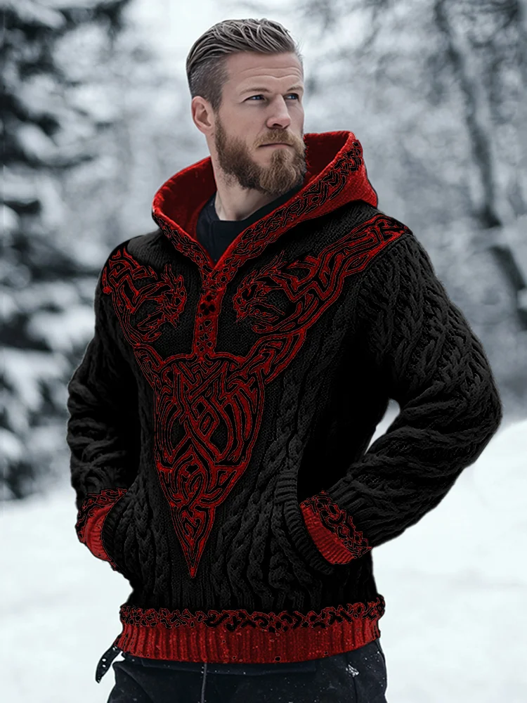 Men's Viking Celtic Contrast Cozy Chunky Hooded Sweater