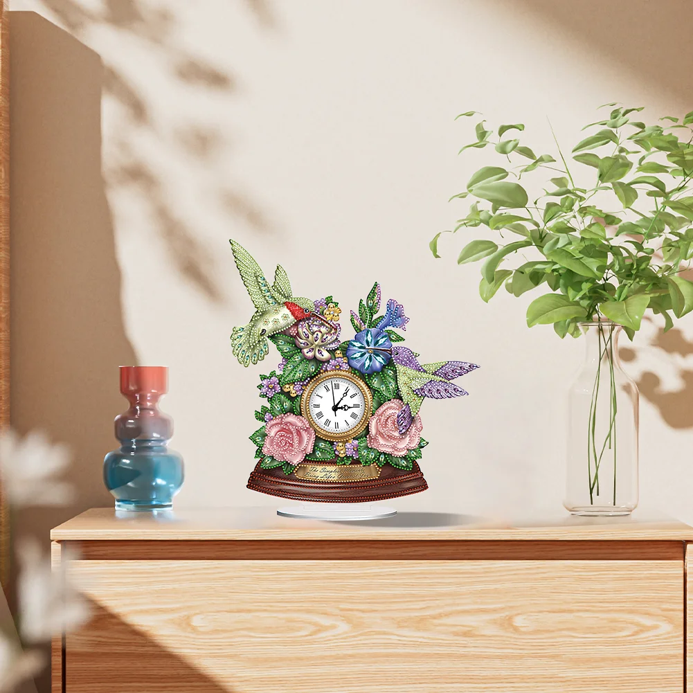 DIY Flower Hummingbird Special Shape Acrylic Diamond Painting Clock Art Craft