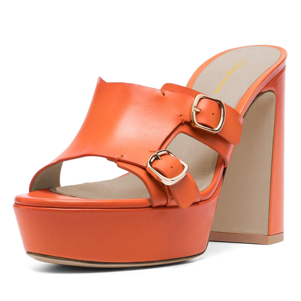 Women's Platform Buckle Orange Slip On Chunky High Heeled Sandals Nicepairs