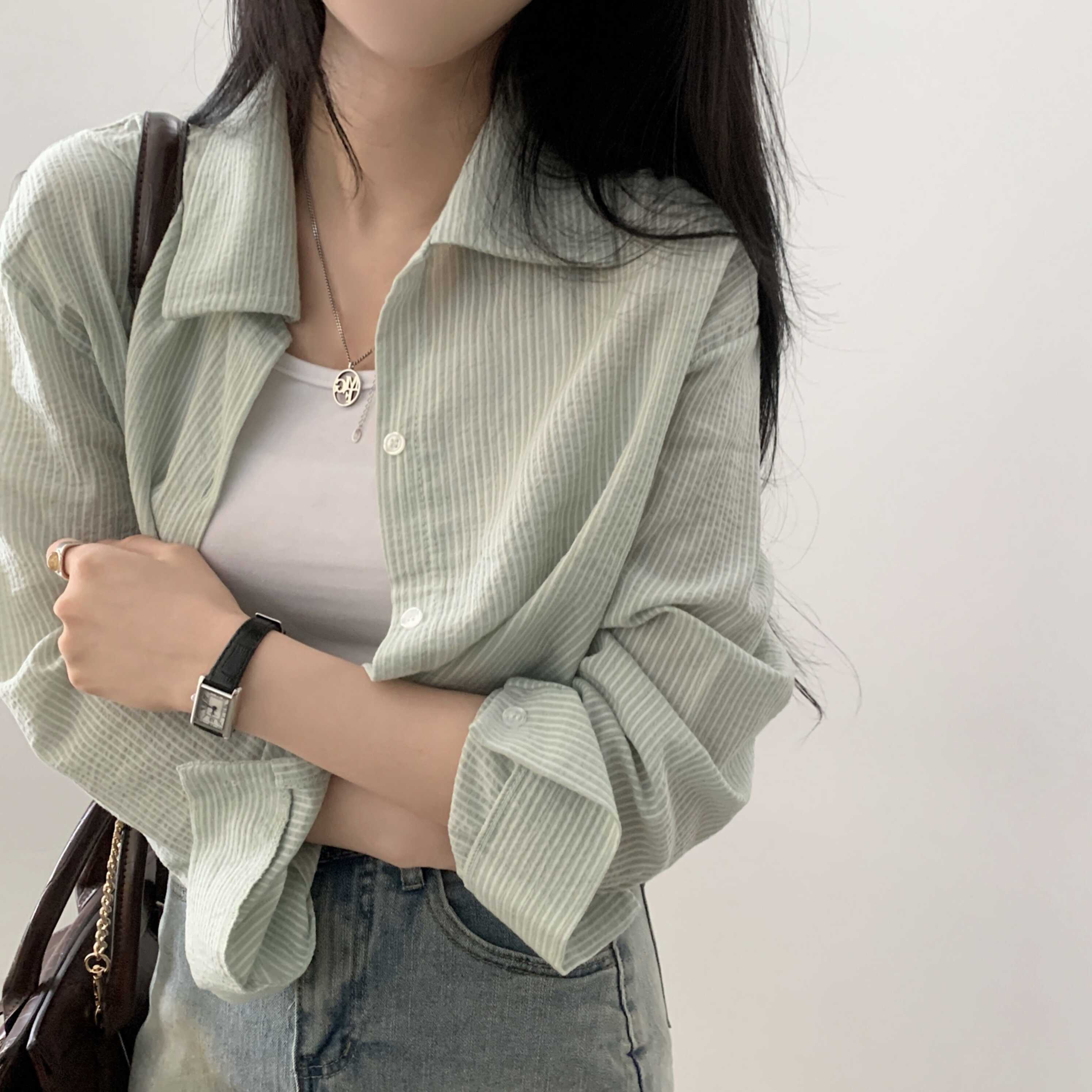 Gamezplane Textured Blue Striped Sun Protection irt Outerwear Women's Early Thin Mesabow Brand Commute Sle Loose Fit Long Sve ...