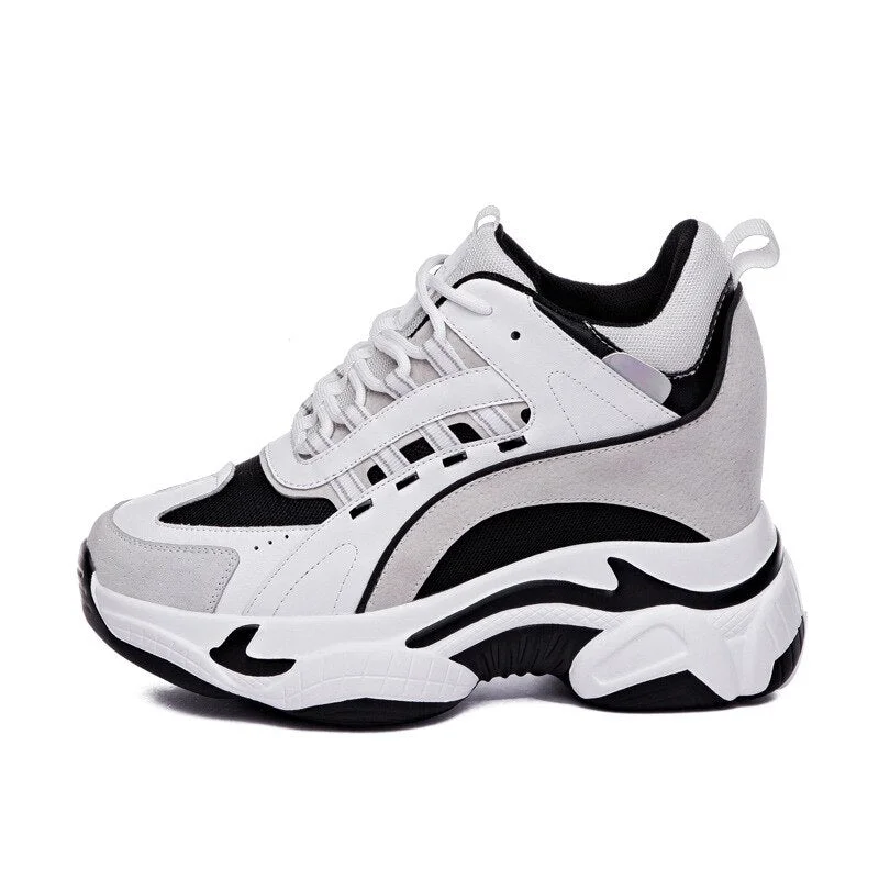 Fujin 2021 Platform Wedge Sneakers Chunky Shoes 9cm Hidden Heel Za Fashion Genuine Leather Comfy Breathable Vulcanized Shoes