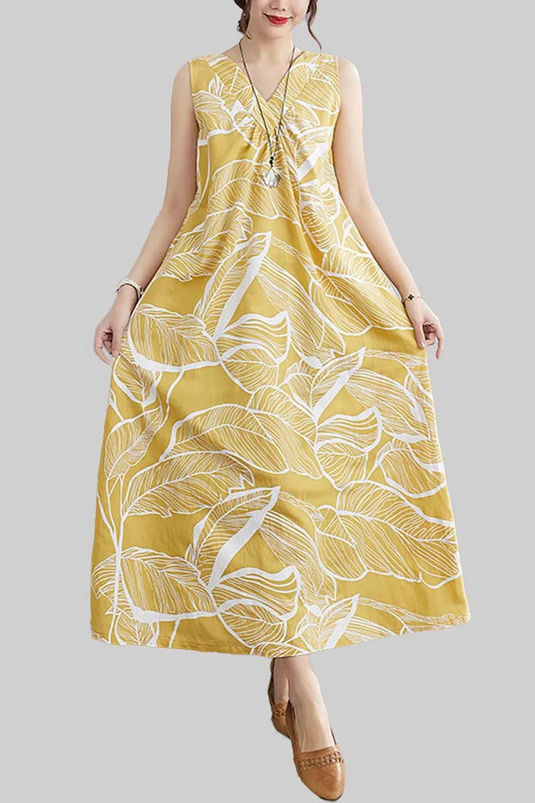 Print V Neck Sleeveless Pocket Linen Maxi Dress