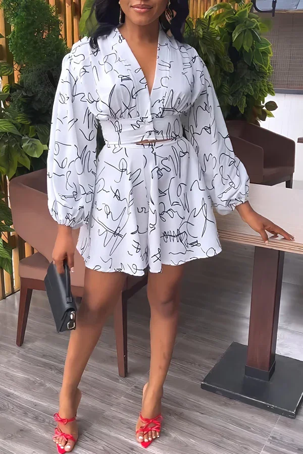 Guchioe Temperament Print Long Sleeve V-Neck Blouse Short Skirt Suits