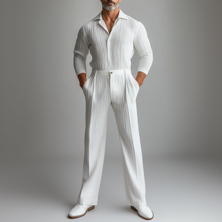 Men's Fold Long Sleeve Button Shirt & Pocket Pants 2Pcs Set