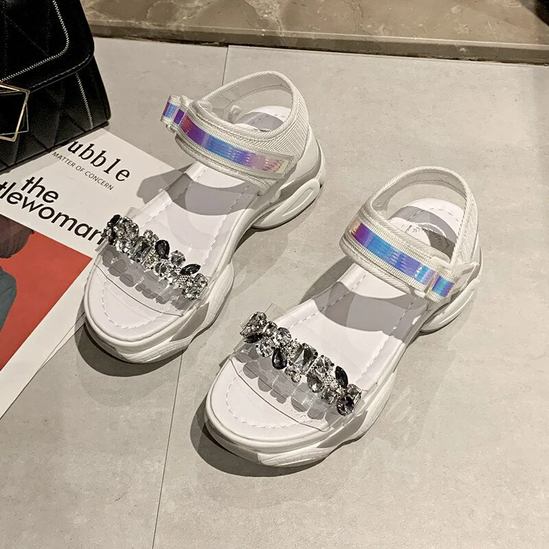 Lucyever 2020 New Women Wedges Rhinestone Sandals Fashion Ladies Platform Ankle Strap Crystal Summer Shoes Woman Black White