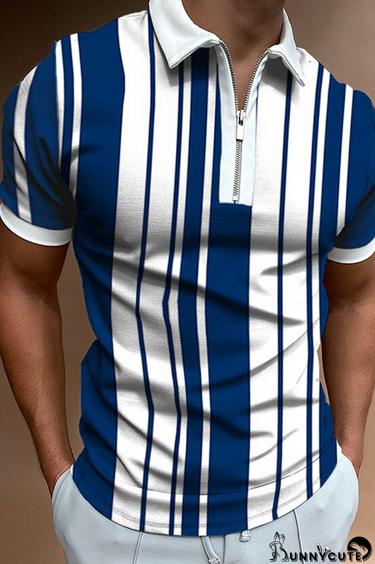 Blue Fashion Casual Striped Split Joint Zipper POLO collar Tops