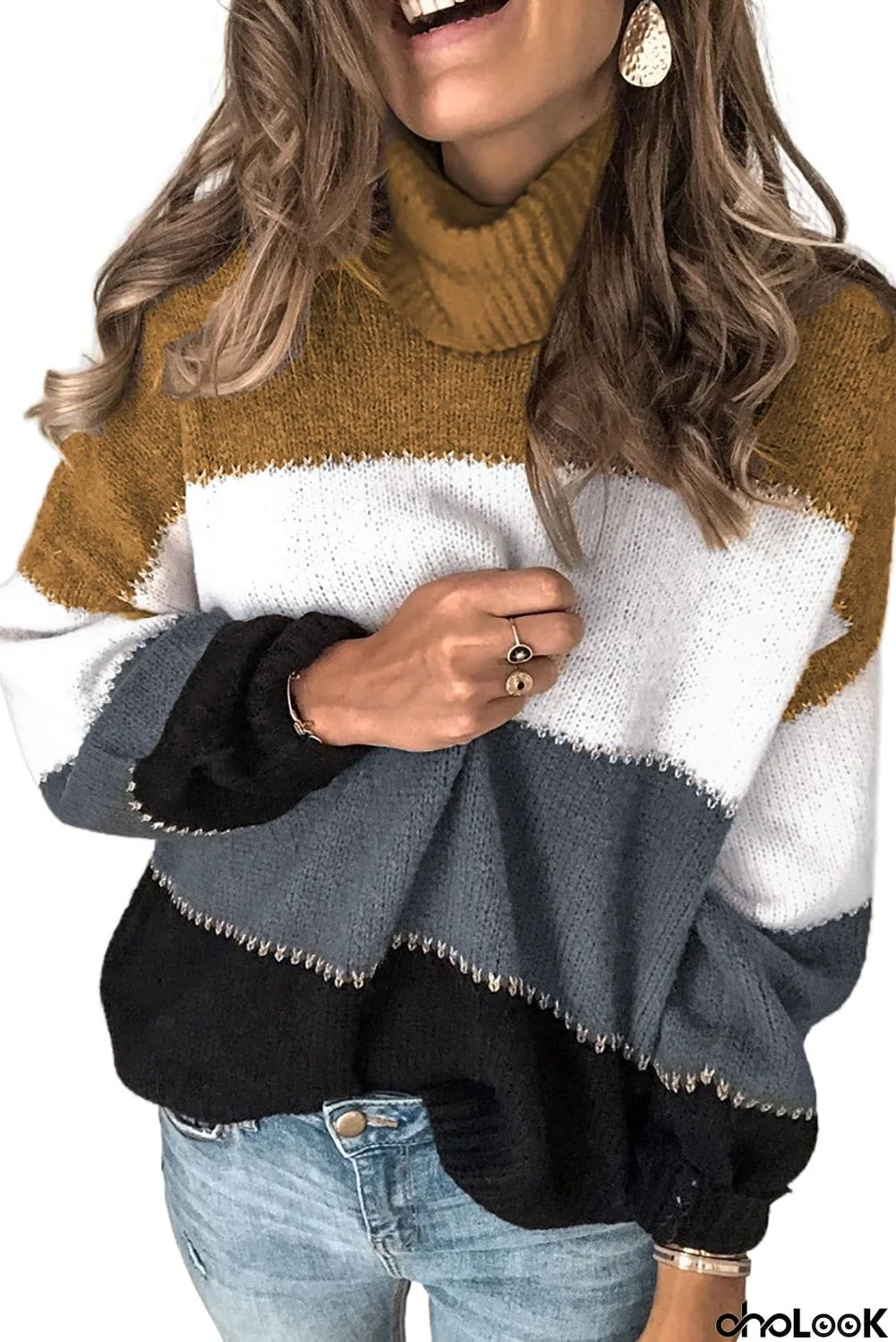 Color Block Turtleneck Chunky Knit Sweater