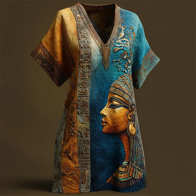 Ancient Egyptian Godness Runes Contrast V Neck Linen Dress