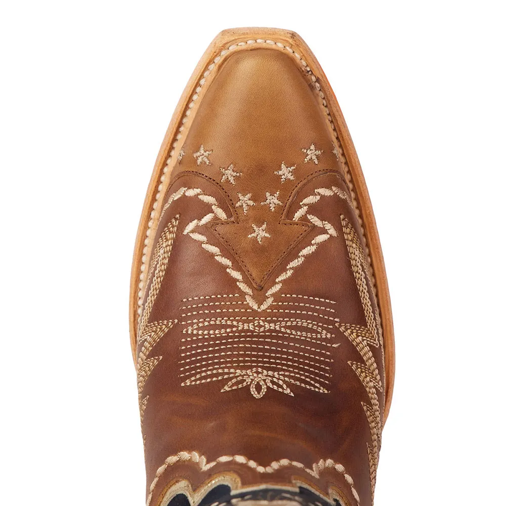 Brown & Navy Stars Chunky Heel Embroidered Western Boots for Women