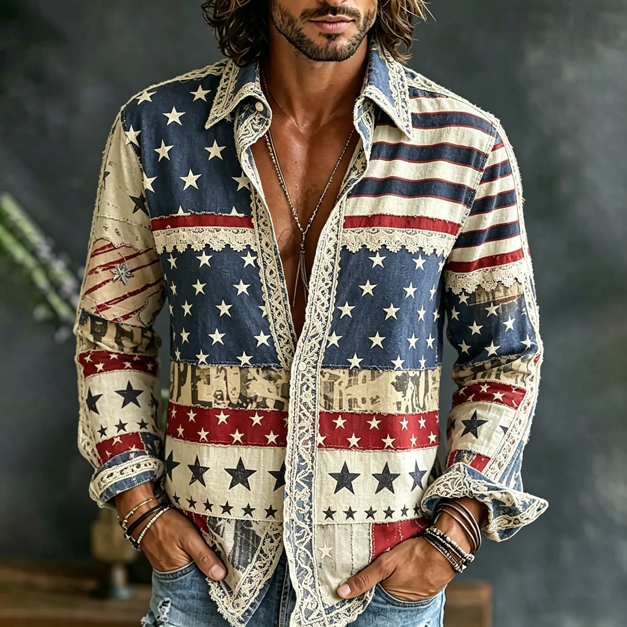  Men's Floral Flag Striped Art Print Flowy Linen Blend Shirt Westsshops