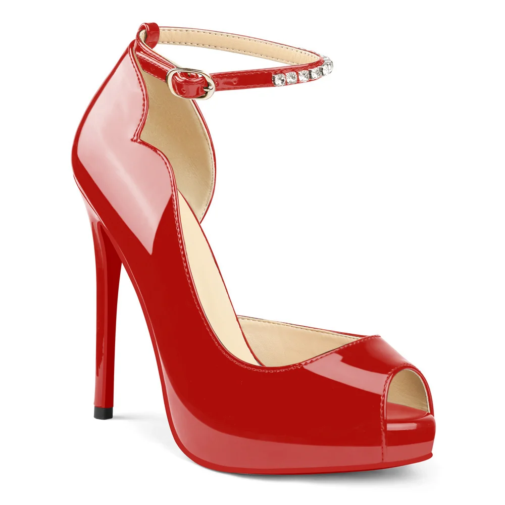 120mm Red Bottom Elastic Strap Slingback Sandals Peep Toe Platform Stilettos Black Patent Heels-MERUMOTE