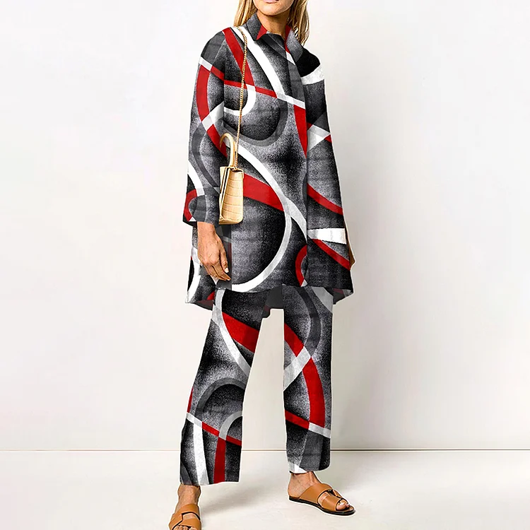 Lapel Geometric Wave Print Two Piece Set