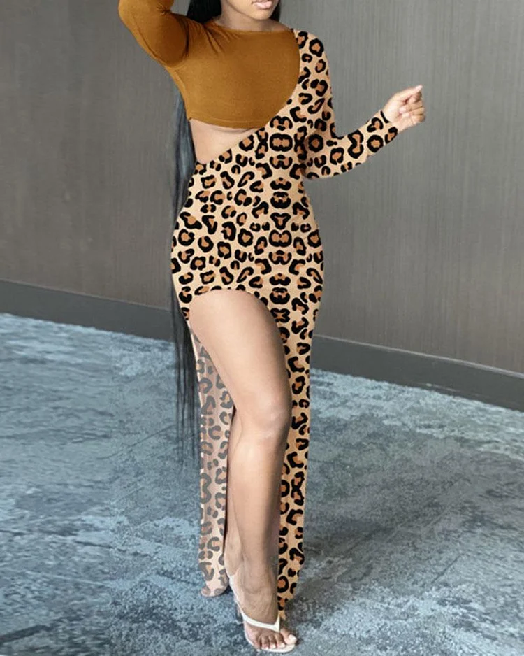 Leopard Print Stitching Sexy Fashion Thigh Thigh Dress