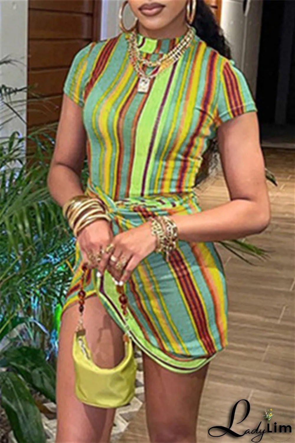 Orange Fashion Casual Striped Print Split Joint Half A Turtleneck Short Sleeve Dress