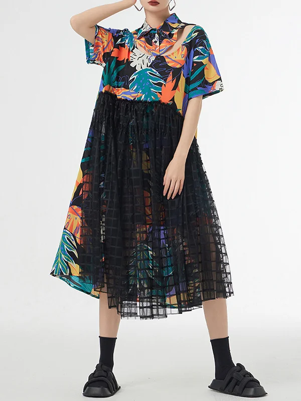 Split-Joint Printed Mesh Hollow Buttoned Short Sleeves Loose Lapel Midi Dresses