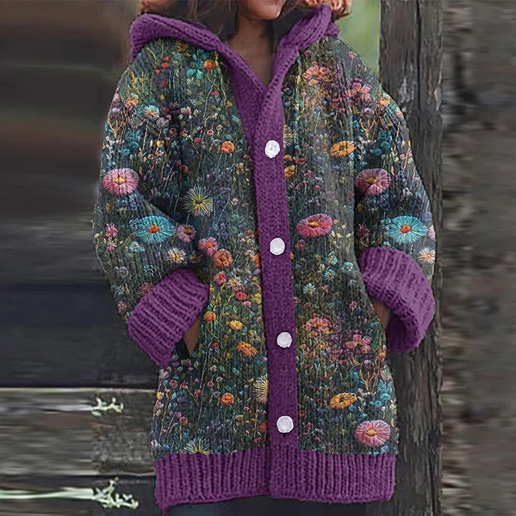 Vintage Floral Art Printed Button Casual Sweater Cardigan