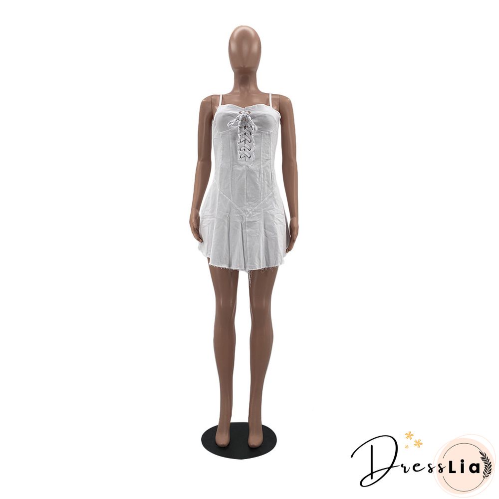 Women Sexy Solid Color Spaghetti Straps Eyelet Lace-Up Slim Fit Clubwear Denim A-Line Mini Dress