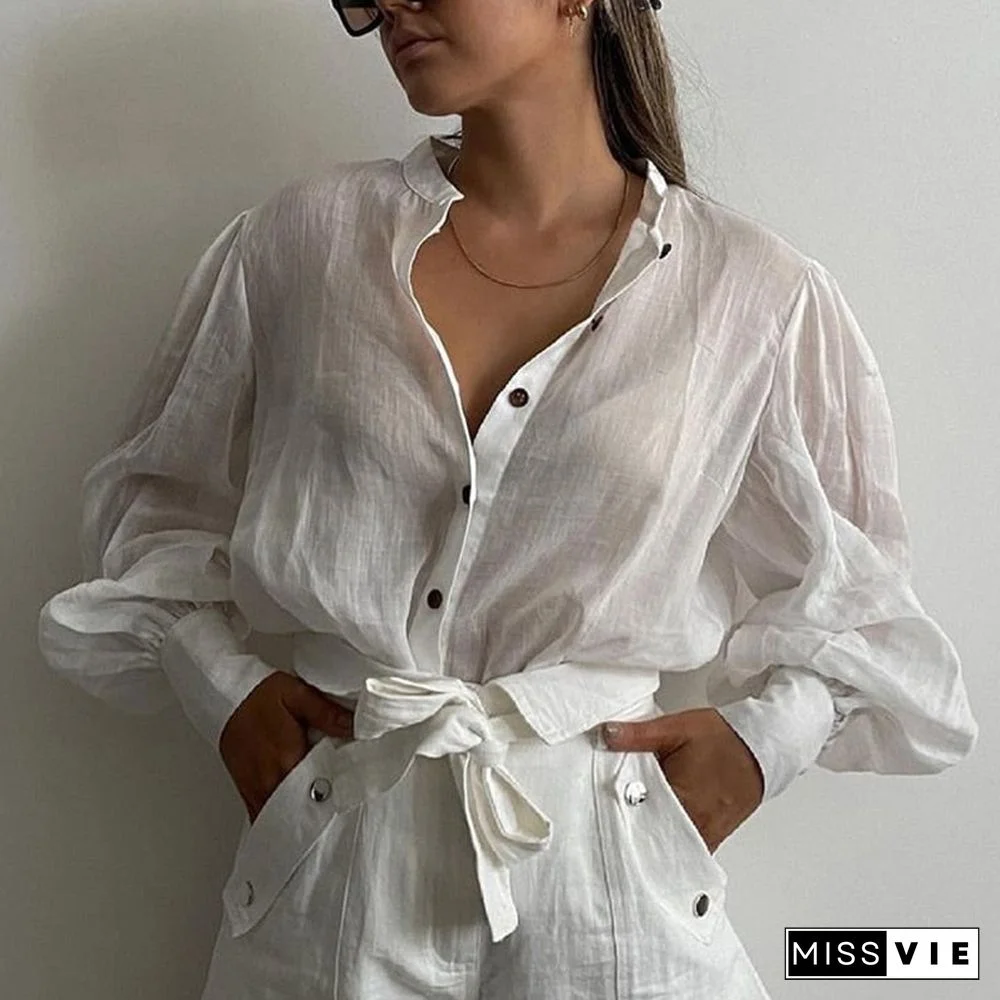 Elegant Vintage V-Neck 100% Cotton Blouse Shirts Women Puff Sleeve Button Solid Blouse Spring Lady Office Loose Tops Blusa