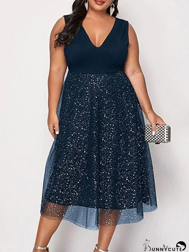 Plus Size Party Dress Solid Color V Neck Mesh Sleeveless Spring Fall Elegant Sexy Sequins Prom Dress Midi Dress Formal Party Dress / Sequin Dress / Homecoming Dress / Print for Women
