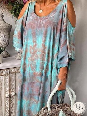 Dresses Loose Tie-Dye Printed Off-The-Shoulder Long Sleeve Dress for Women