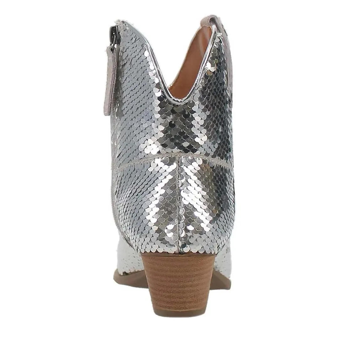 Chic Sequin Pointed Toe Chunky Heel Zipper Cowgirl Boots in Silver
