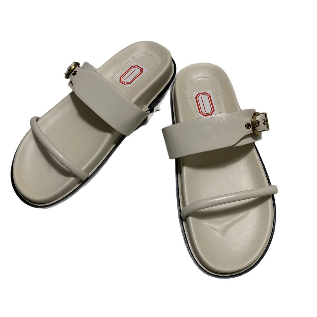 Breakj Breakj Home 2025 New Summer New Flat-Bottom Metal Single-Buckle Double Buckle Strap Wear Two Uncle Slippers Woman