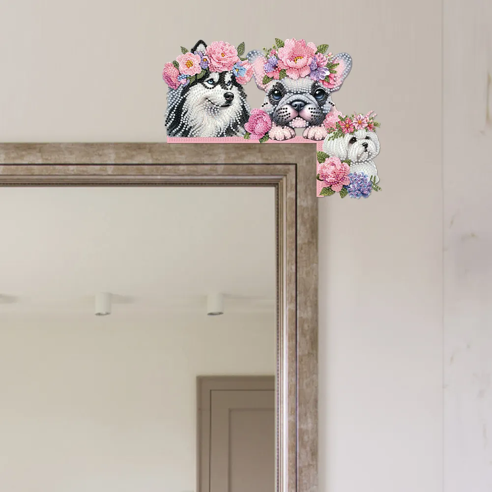 Dog Flowers 5D DIY Wooden Diamond Painting Door Topper for Party (Right)