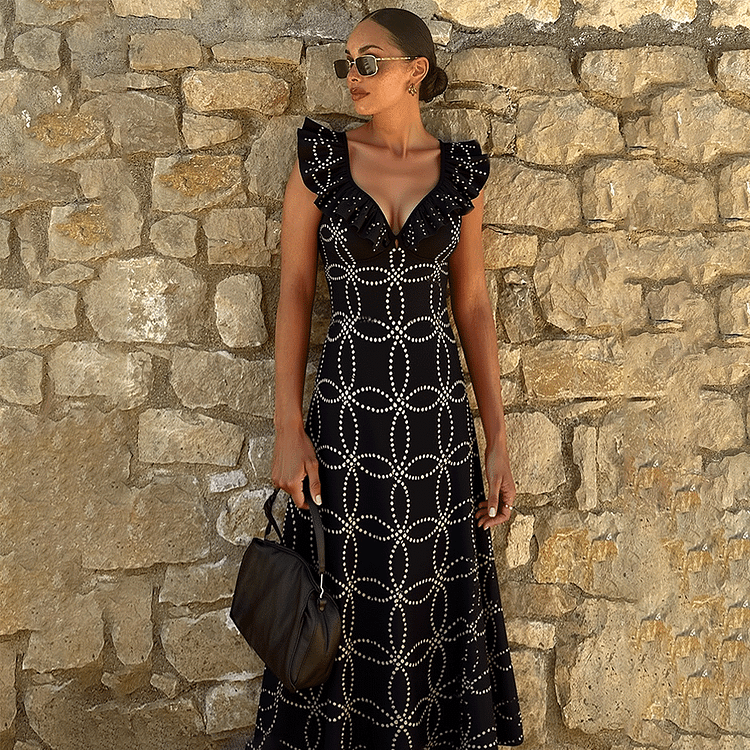 Underwired Black Ruffle Laser Cutting Flower One Piece