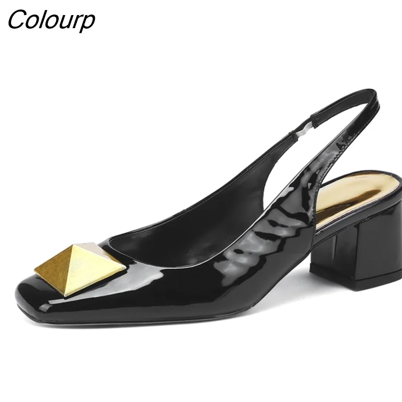 Colourp Women's Shoes Heels Mid Chunky Heeled Slingback Pink Pumps 2023 Luxury Designer Ladies Shoe and Sandals Patent Leather