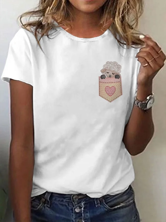 Women's Cute Sleeping Lamb Embroidery Casual O-Neck Tee