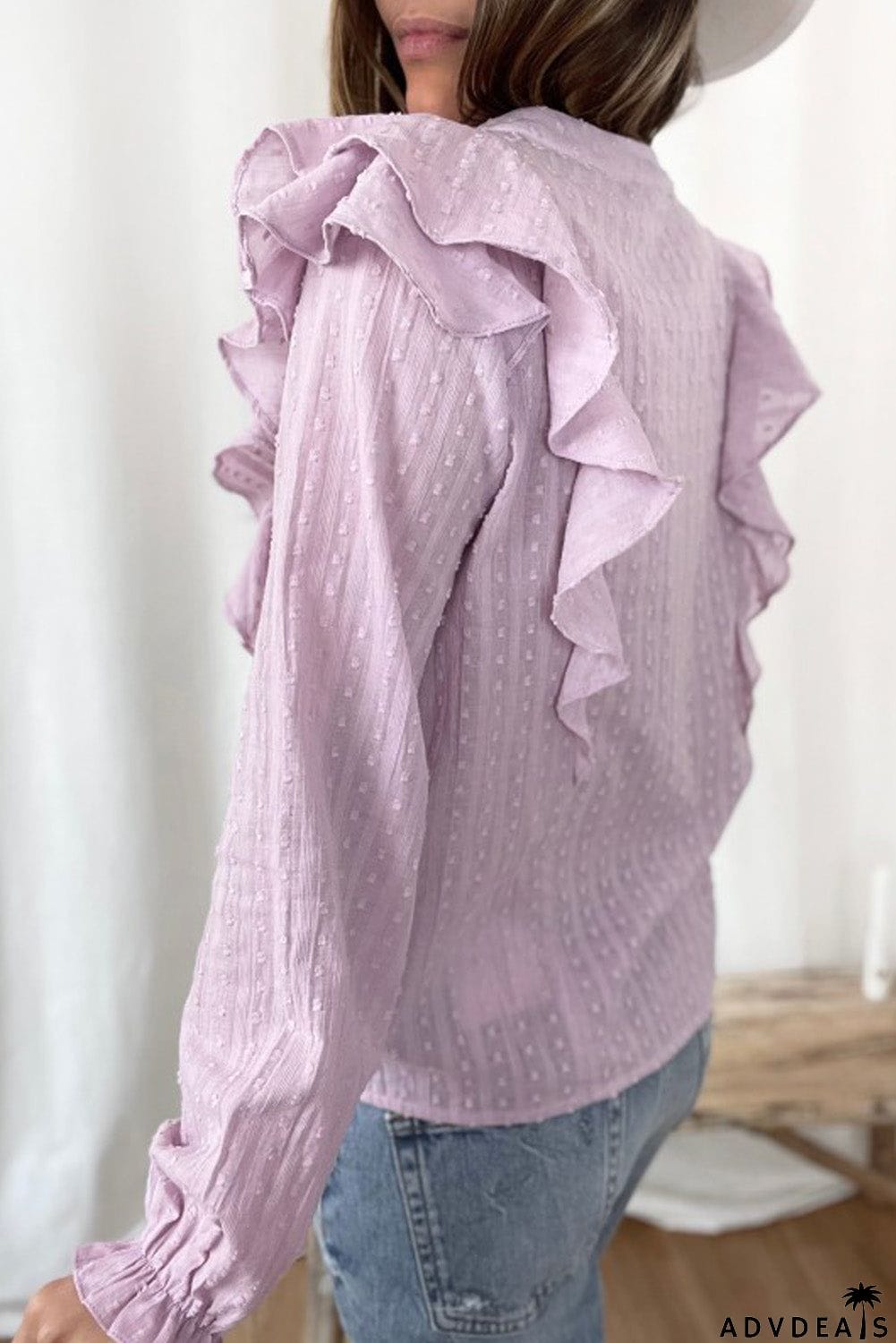 Dotted Texture Sheer Ruffles Bubble Sleeves Shirt