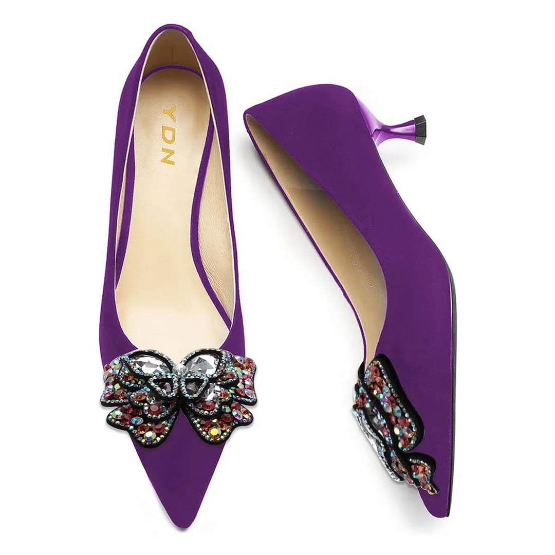 Purple Pointed Toe Rhinestone Butterfly Kitten Heel Pumps Shoes
