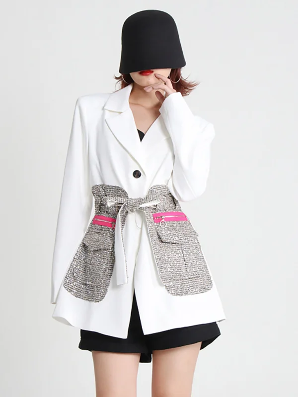 Women's tweed stitching loose mid-length jacket Flusfy