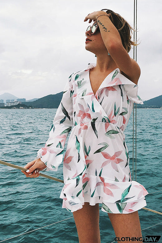 Floral Print Falbala V Neck Short Dress