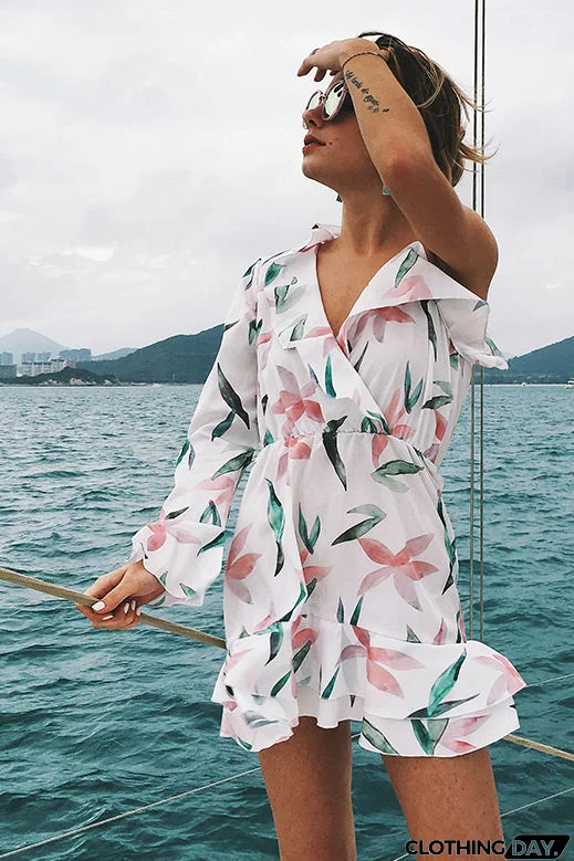 Floral Print Falbala V Neck Short Dress