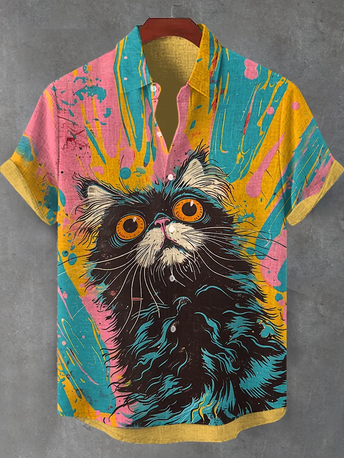 Men's Fantasy Fluid Art Trippy Black Cat Print Casual Shirt