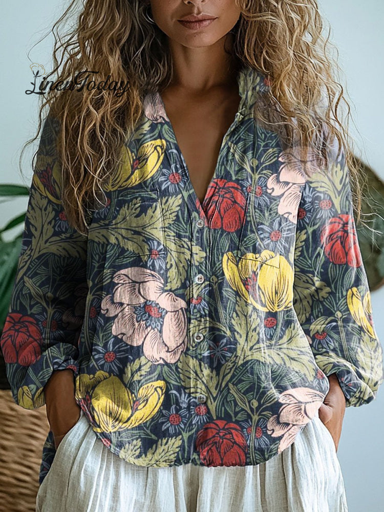 Women&rsquo;s Lovely Floral Art Print Casual Long Sleeve Comfortable Cotton Shirt Multicolor / S