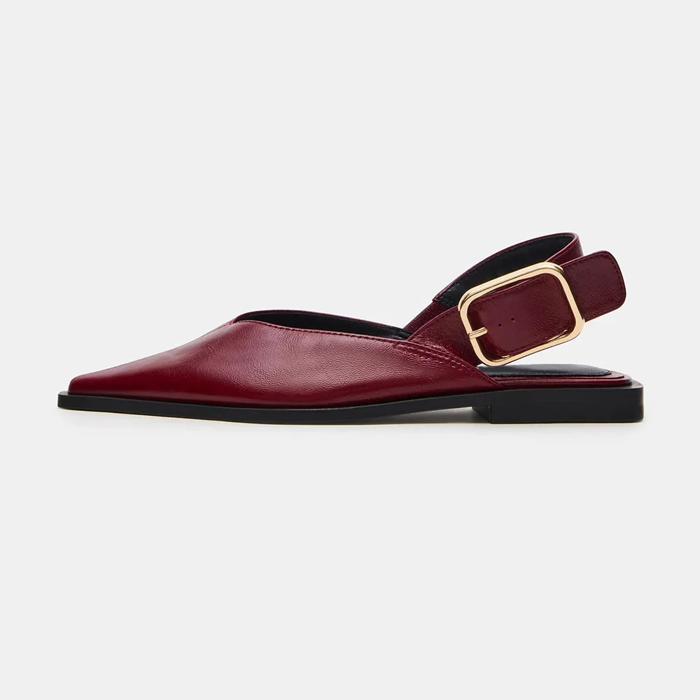 Women's Maroon Pointed Toe Casual Slingback Flats with Buckle