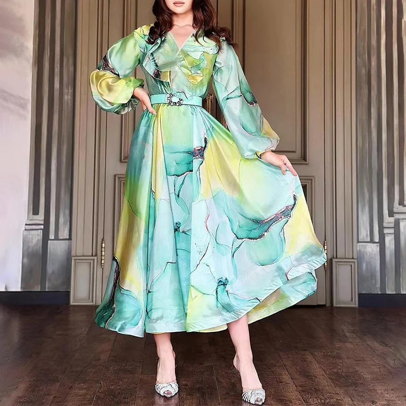 Uveng Uveng Spring And Summer New Printing Big Swing Collar Mesh Dress Commuted Large Size Women's Dress