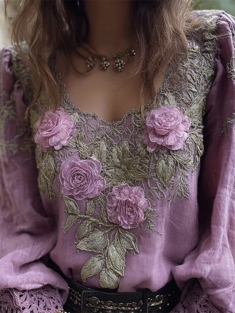 Boho Lavender Roses Fiber Art Comfy Linen Tunic