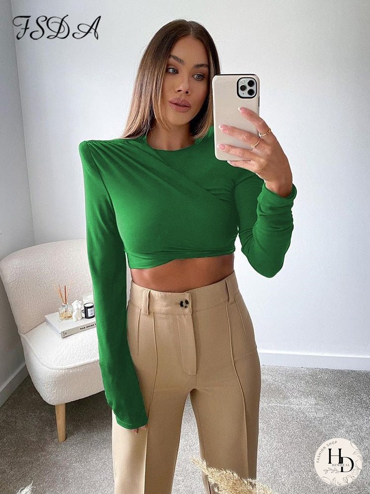 O Neck Brown Long Sleeve Crop Top Women Basic Casual Autumn Winter Sexy T Shirts Black Ruched Streetwear Fashion