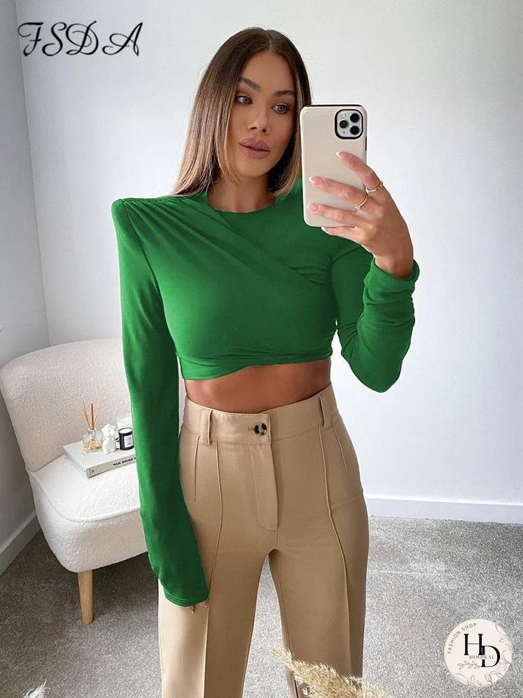 O Neck Brown Long Sleeve Crop Top Women Basic Casual Autumn Winter Sexy T Shirts Black Ruched Streetwear Fashion