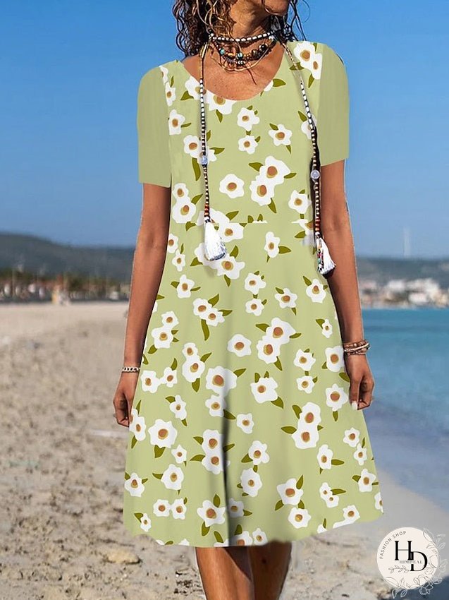 Casual Dress Floral Dress Summer Dress Graphic Floral Pocket Print Crew Neck Midi Dress Fashion Modern Daily Holiday Short Sleeve Loose Fit Aqua Blue White Light Green Summer Spring S M L XL for Women
