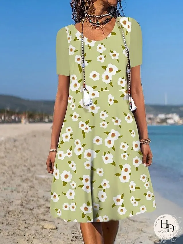 Casual Dress Floral Dress Summer Dress Graphic Floral Pocket Print Crew Neck Midi Dress Fashion Modern Daily Holiday Short Sleeve Loose Fit Aqua Blue White Light Green Summer Spring S M L XL for Women