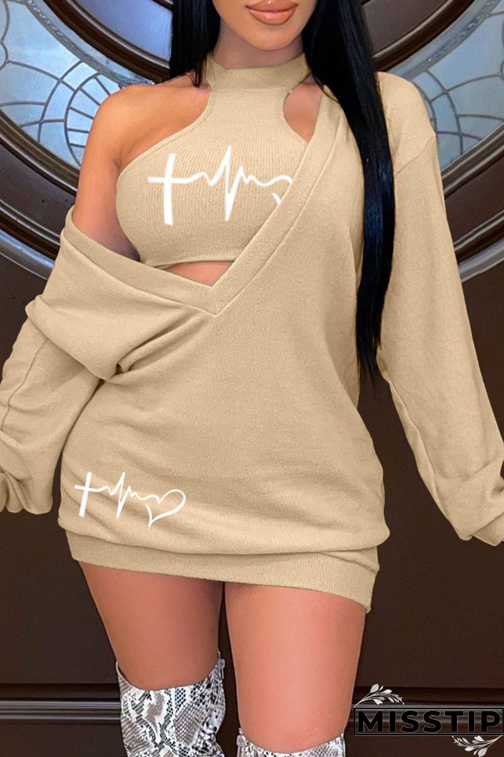 Black Casual Print Basic O Neck Long Sleeve Two Pieces