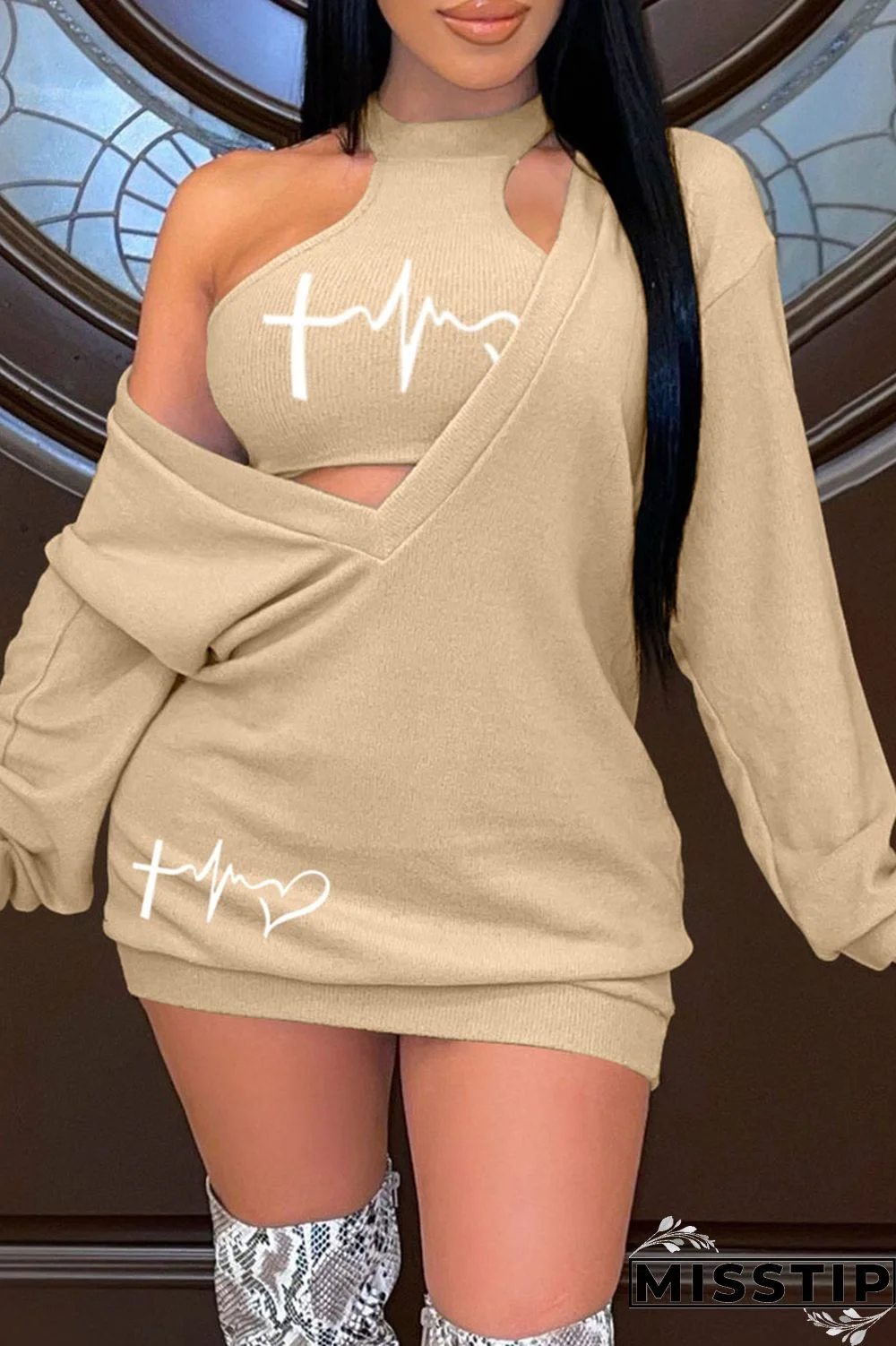 Black Casual Print Basic O Neck Long Sleeve Two Pieces